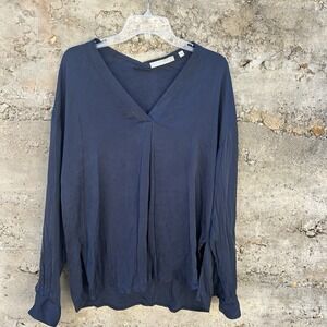 Vince Women's Blouse 12 Navy‎ Blue  Silk Long Sleeve V-Neck Semi Sheer Top